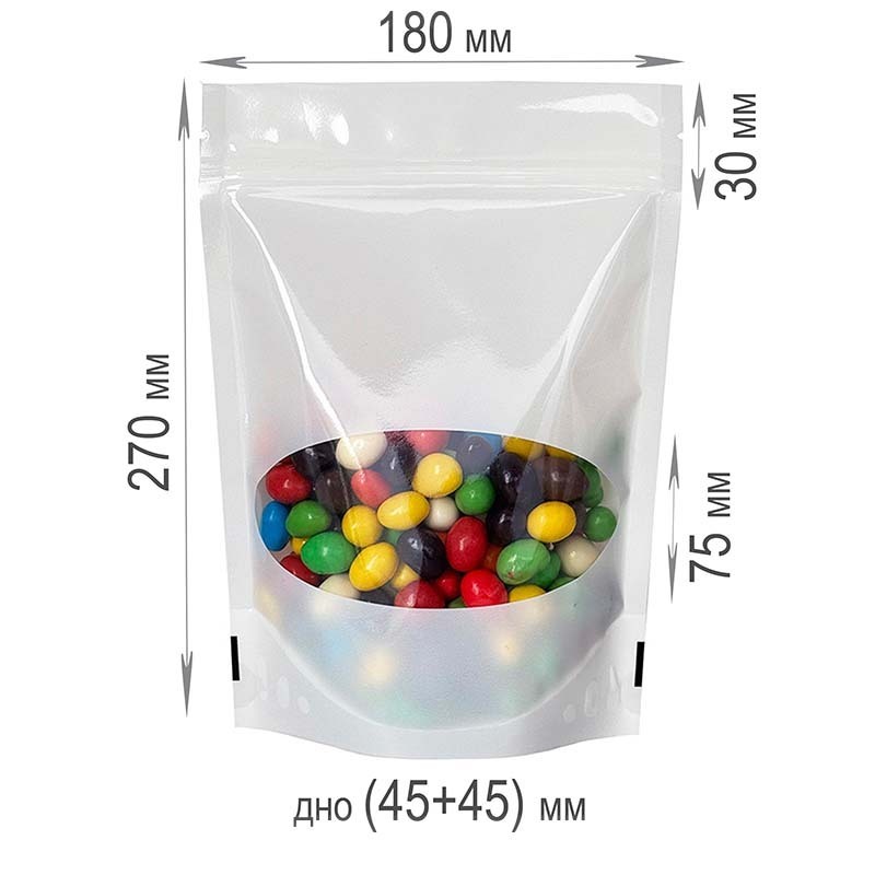 Пакет Дой Пак с замком с ОВАЛЬНЫМ окном Белый глянец 180х270+(45+45)