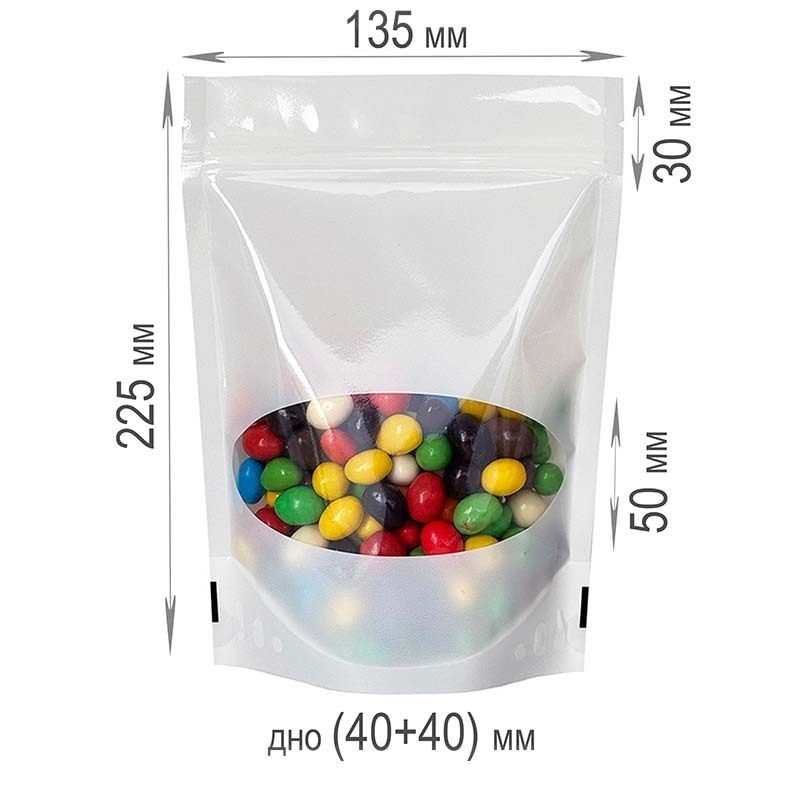 Пакет Дой Пак с замком с ОВАЛЬНЫМ окном Белый глянец 135х225+(40+40)